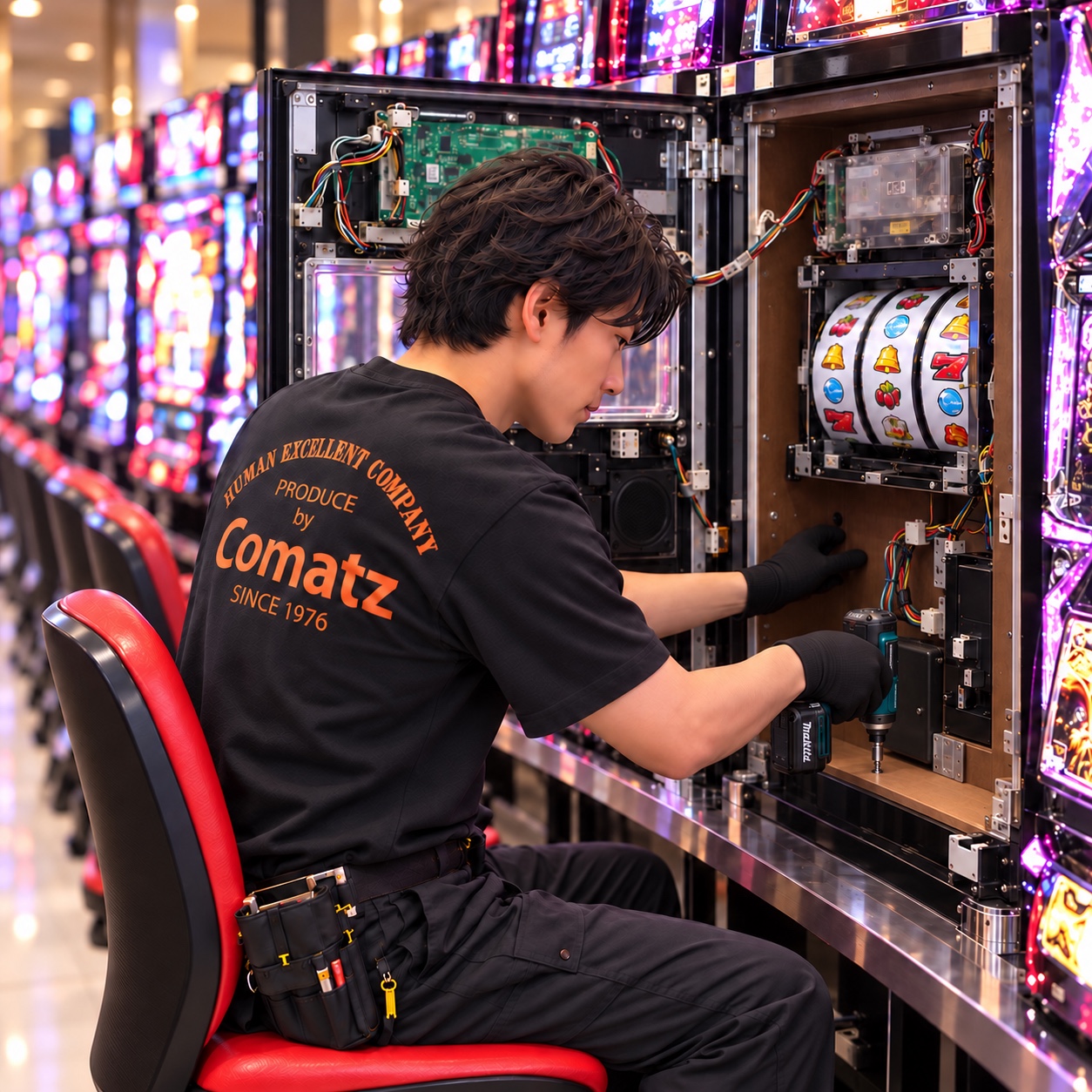 黒いComatzユニフォームを着たスタッフによる遊技機入替工事のイメージ